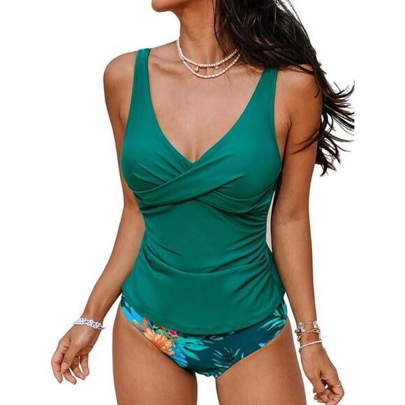 NWT Cupshe Tankini Mid Rise with Twist Shirred Front Ruched - Size XS - Picture 1 of 3